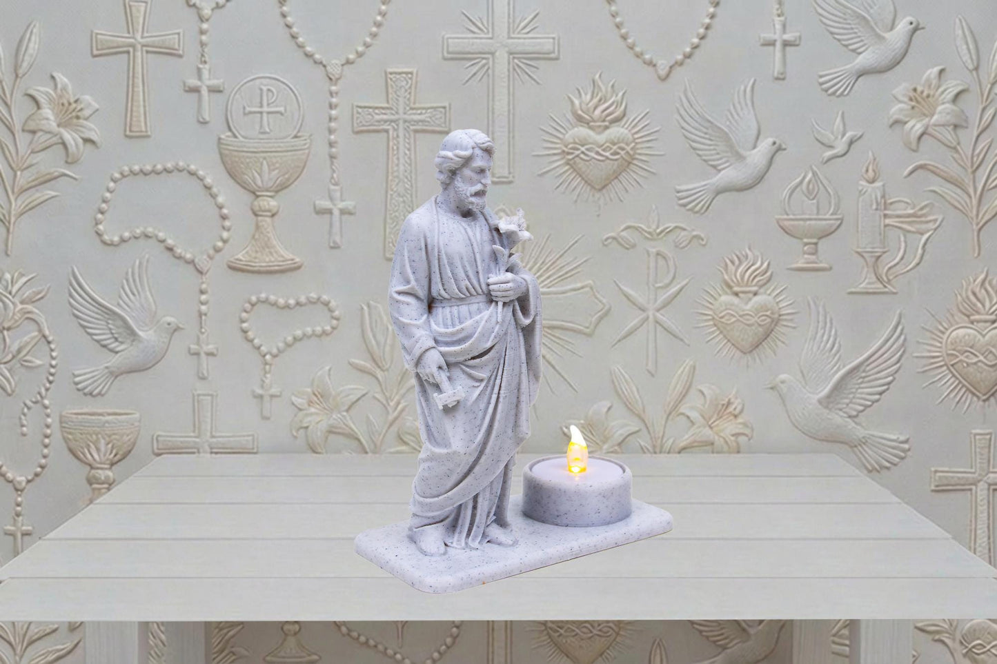Saint Joseph Statue with LED Tealight | White Rock-Loke Finishing