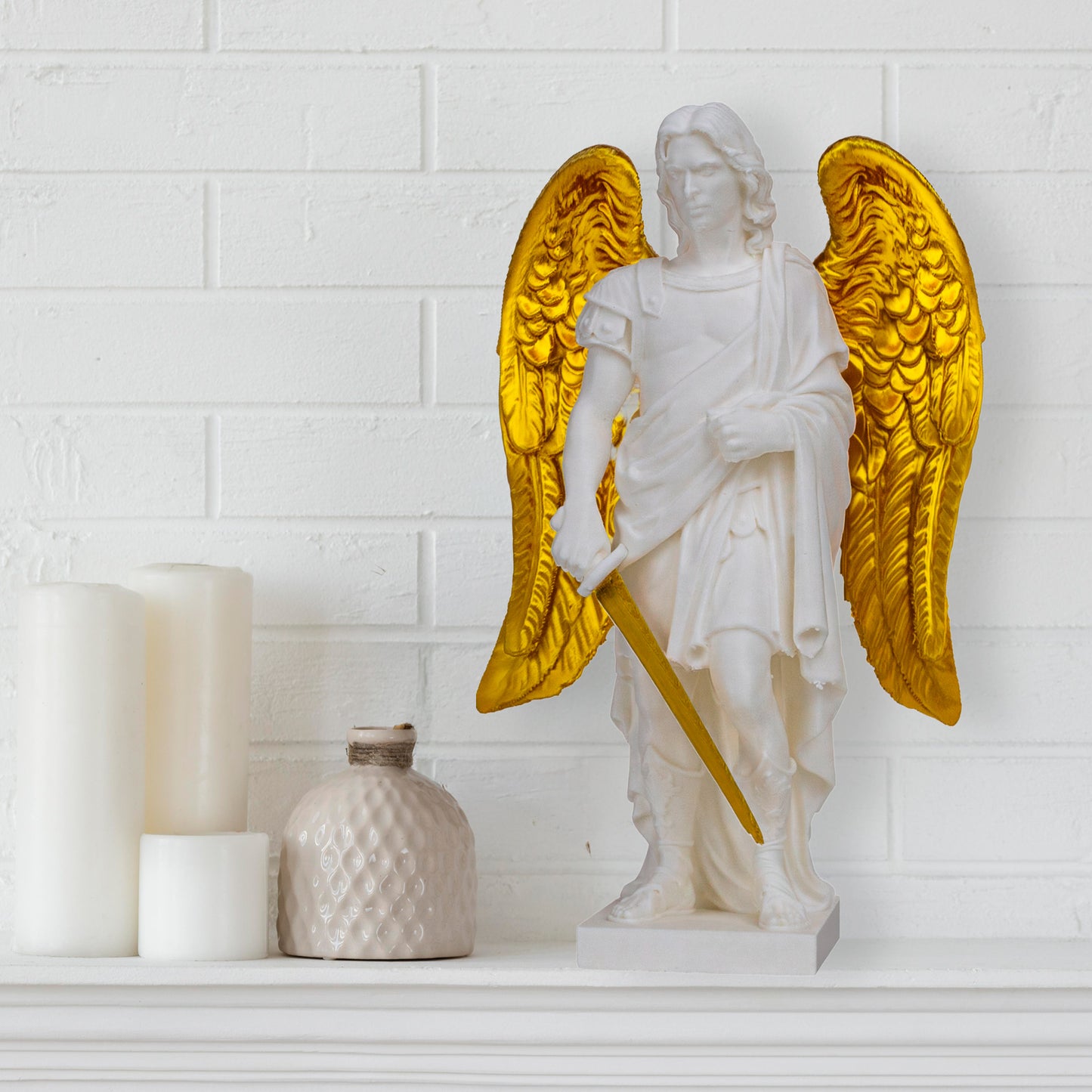 Archangel Michael Statue – White Golden Finish | Christian Home Decor | Catholic Gift | Religious Gift