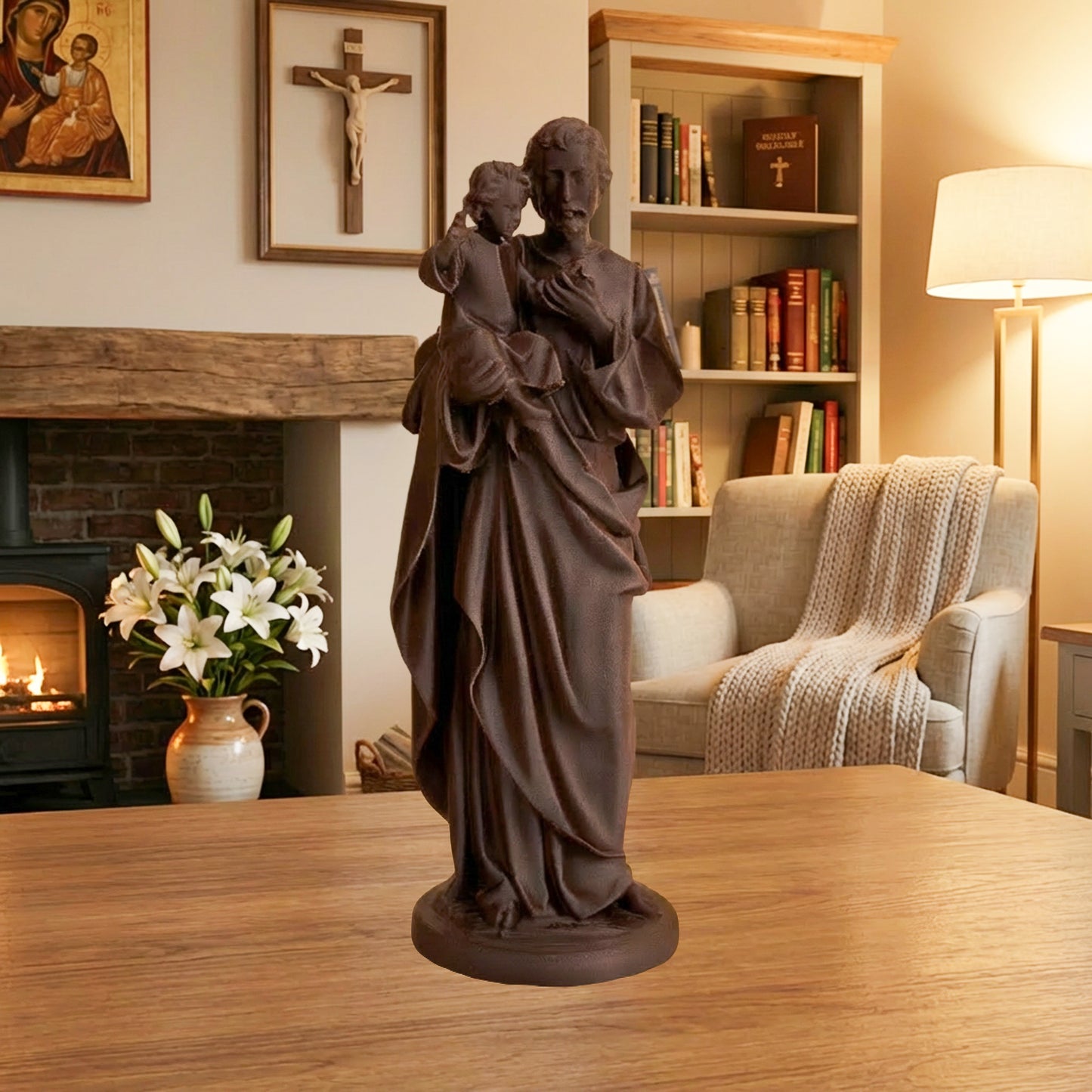 Saint Joseph Holding Child Jesus | Wood-Like Finishing Texture