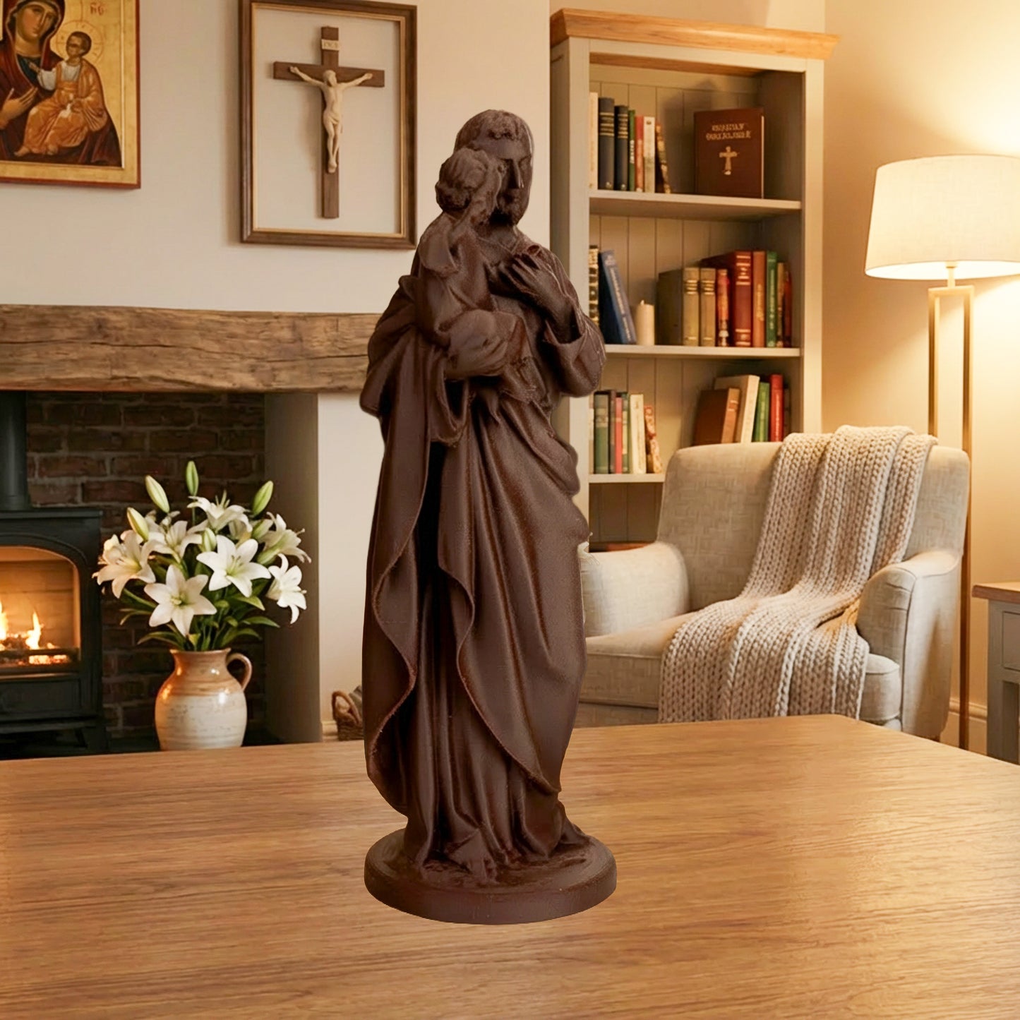 Saint Joseph Holding Child Jesus | Wood-Like Finishing Texture