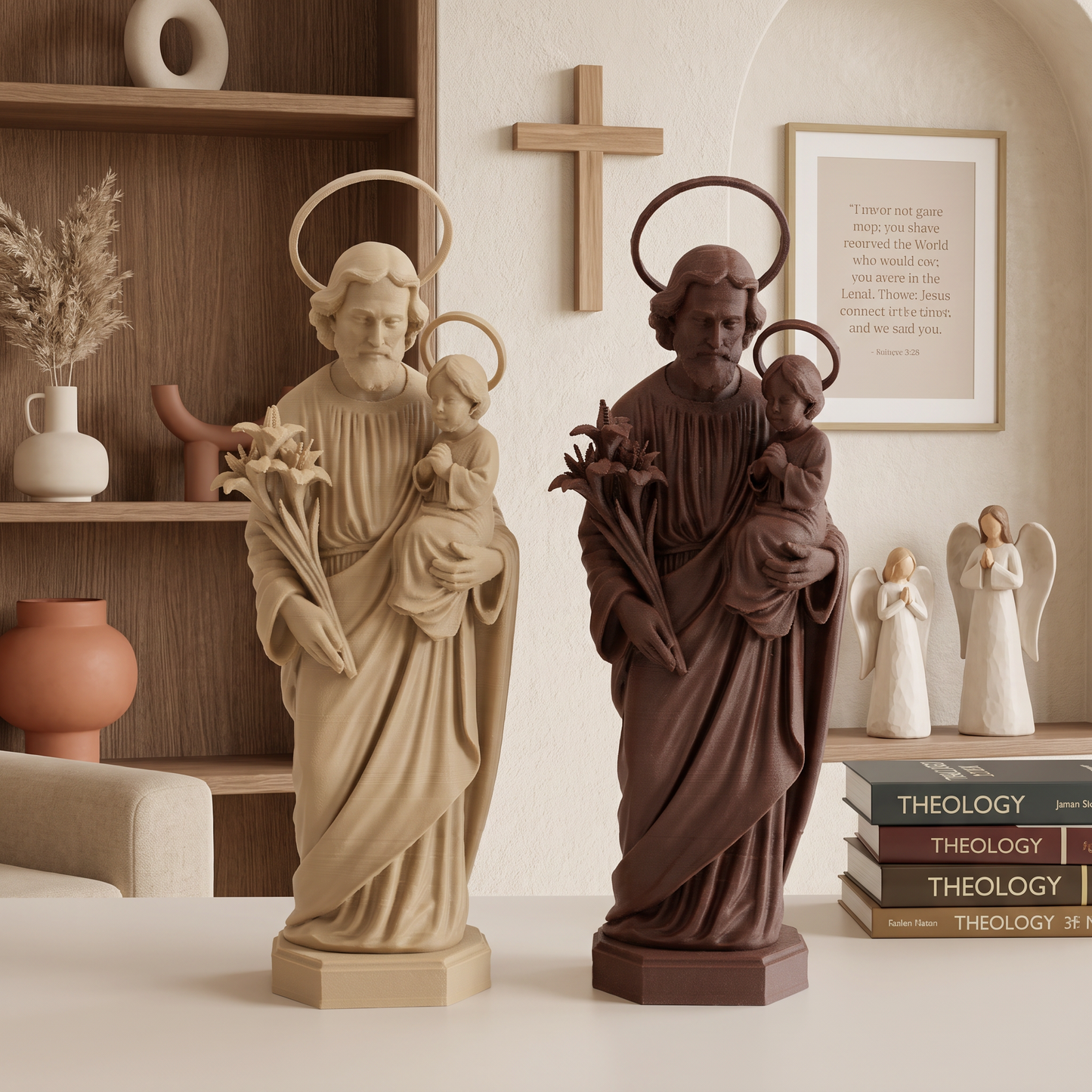 Saint Joseph with Lilies | Multiple Sizes (6"-10") | Traditional Catholic Statue | Walnut or Maple Wood Finish