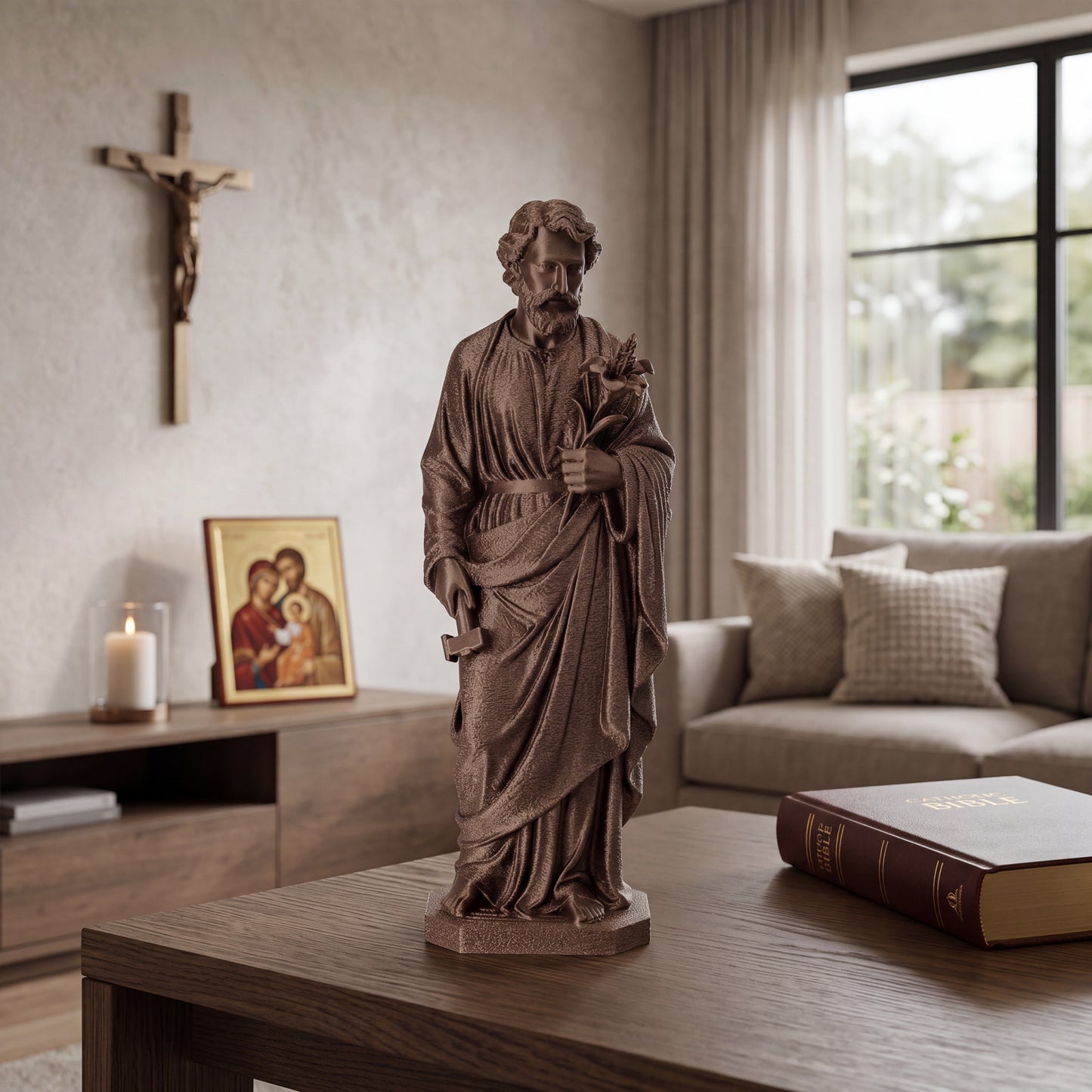 Saint Joseph Holding Lilies Statue | Copper-Like Finishing | 6" & 10" Sizes