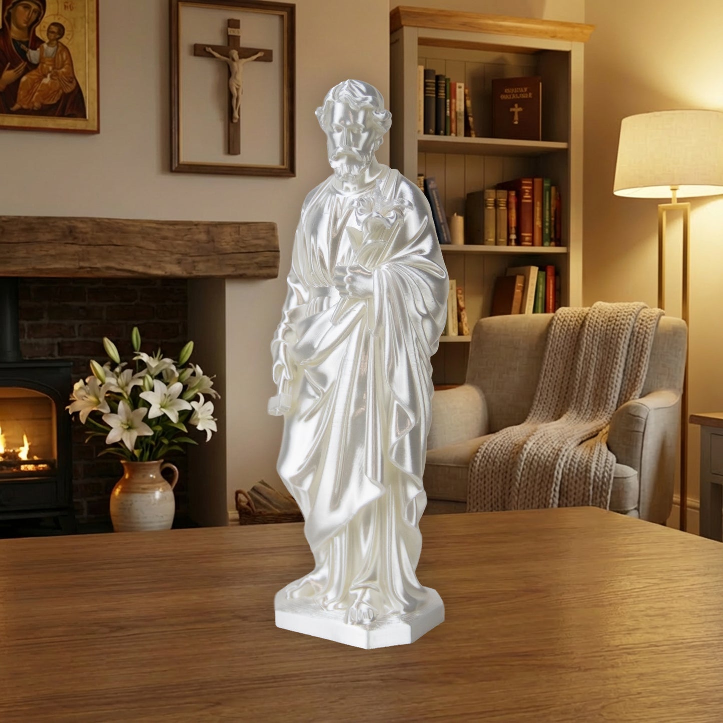 Saint Joseph Holding Lilies Statue | White Silk-Like Finishing